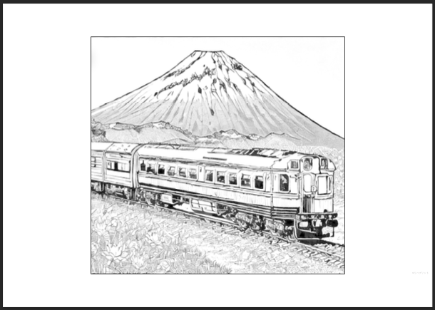 【塗り絵 - 絵が小さめ】富士山：電車（普通列車）- 日本の風景イラスト：リハビリ・高齢者・大人用塗り絵素材 - その8 by リハプリント