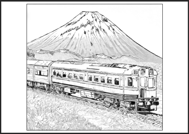 【塗り絵 - 絵が大きめ】富士山：電車（普通列車）- 日本の風景イラスト：リハビリ・高齢者・大人用塗り絵素材 - その8 by リハプリント