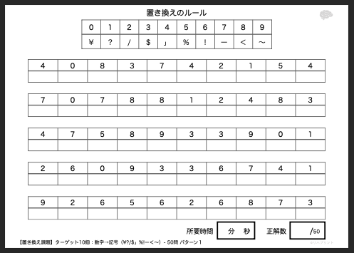 【ターゲット数：10・問題数：50】置き換え課題 - 数字→記号（¥?/$」%!ー＜〜）パターン１ - リハプリント