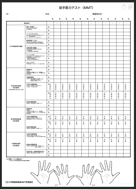 【カルテ・評価記録用】徒手筋力テスト（MMT）用の評価表：正中経麻痺（円回内筋症候群・前骨間神経麻痺・手根管症候群）- 所見記載用の手の絵付き版 by リハプリント