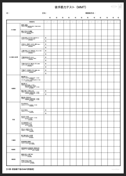 【カルテ・評価記録用】徒手筋力テスト（MMT）用の評価表：口部（口の動き）・摂食嚥下版 - リハプリント