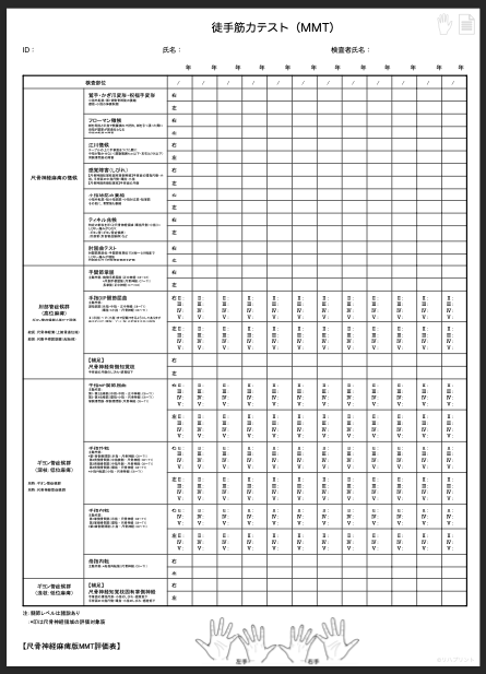 【カルテ・評価記録用】徒手筋力テスト（MMT）用の評価表：尺骨経麻痺（肘部管症候群・ギヨン管症候群/ギオン管症候群/尺骨神経菅症候群）- 所見記載用の手の絵付き版 by リハプリント