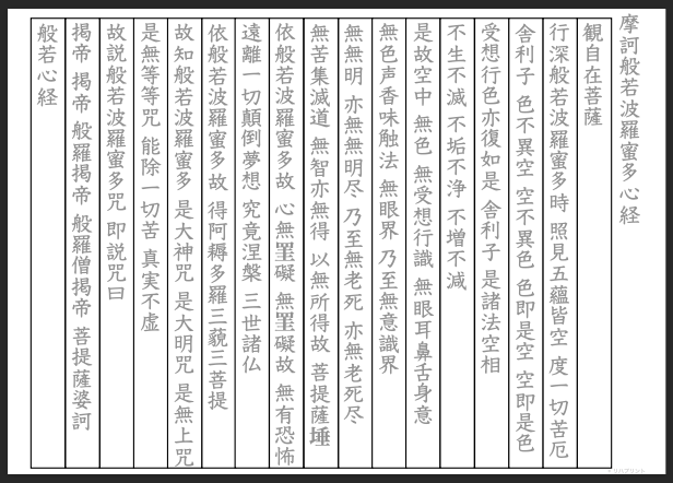 【縦書き用 - 般若心経 全文「ふりがな」なし】なぞり・書字練習・訓練用プリント用紙（縦書き用・枠線あり）by リハプリント