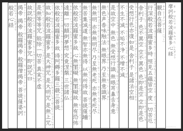 【縦書き用 - 般若心経 全文 ふりがな付き】なぞり・書字練習・訓練用プリント用紙（縦書き用・枠線あり）by リハプリント