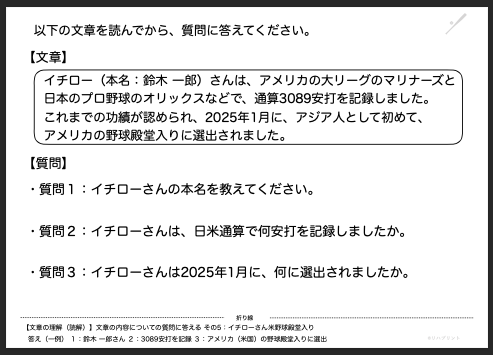 【文章の理解：文章の内容についての質問に答える】失語症教材・課題のプリント その５：イチローさん米野球殿堂入り - リハプリント：by PT・OT・STニュース.blog