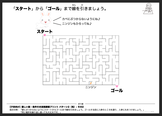 【子供向け】条件付き迷路課題プリント - 難しい版：パターン2（兎）- その2 by リハプリント療育 - 発達支援のための知育学習教材・素材集