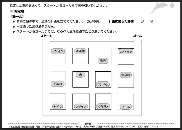 【水族館版：遂行機能課題（地図 - 計画〜効果的な遂行）】遂行機能障害向けプリント教材 パターン1：難易度 簡単 その3 - リハプリント