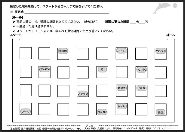 【水族館版：遂行機能課題（地図 - 計画〜効果的な遂行）】遂行機能障害向けプリント教材 パターン3：難易度 難しい その1 - リハプリント