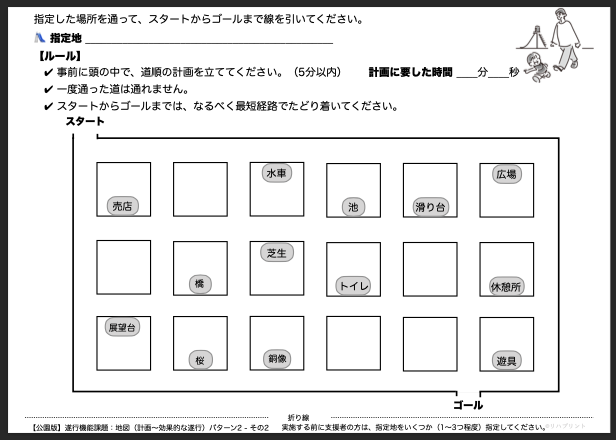 【公園版：遂行機能課題（地図 - 計画〜効果的な遂行）】遂行機能障害向けプリント教材 パターン2：難易度 普通 その2 - リハプリント