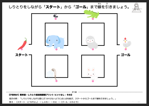 【子供向け】しりとり版迷路課題プリント - 簡単版：ヒントなし- その2 by リハプリント療育 - 発達支援のための知育学習教材・素材集