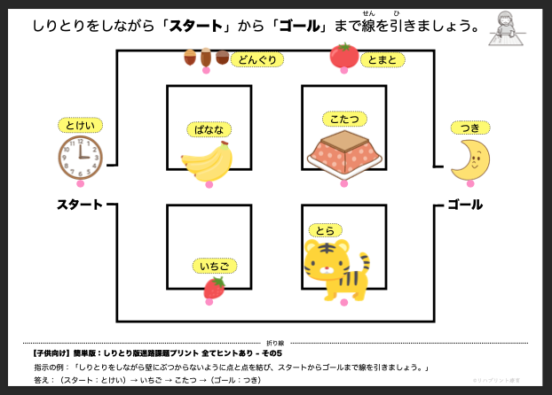 【子供向け】しりとり版迷路課題プリント - 簡単版：全てヒントあり - その5 リハプリント療育 - 発達支援のための知育学習教材・素材集