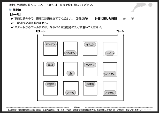 【水族館版：遂行機能課題（地図 - 計画〜効果的な遂行）】遂行機能障害向けプリント教材 パターン1：難易度 簡単 その2 - リハプリント