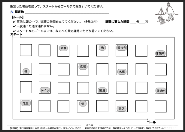 【公園版：遂行機能課題（地図 - 計画〜効果的な遂行）】遂行機能障害向けプリント教材 パターン3：難易度 難しい その2 - リハプリント