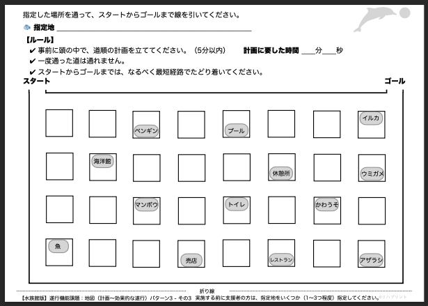 【水族館版：遂行機能課題（地図 - 計画〜効果的な遂行）】遂行機能障害向けプリント教材 パターン3：難易度 難しい その3 - リハプリント