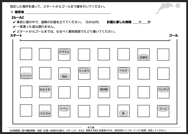 【水族館版：遂行機能課題（地図 - 計画〜効果的な遂行）】遂行機能障害向けプリント教材 パターン3：難易度 難しい その2 - リハプリント