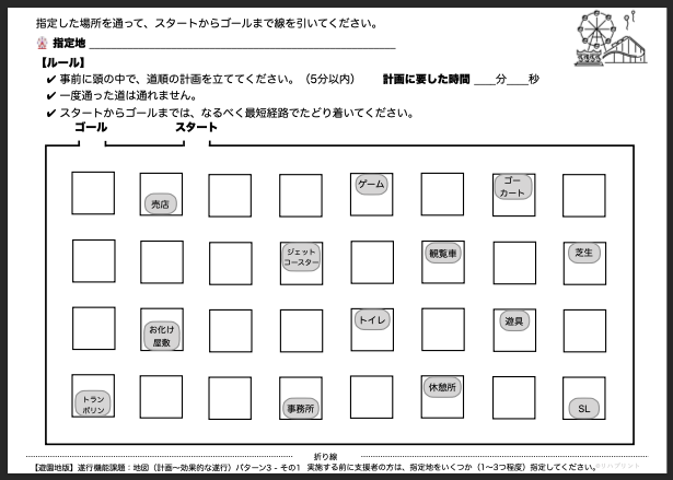 【遊園地版：遂行機能課題（地図 - 計画〜効果的な遂行）】遂行機能障害向けプリント教材 パターン3：難易度 難しい その1 - リハプリント