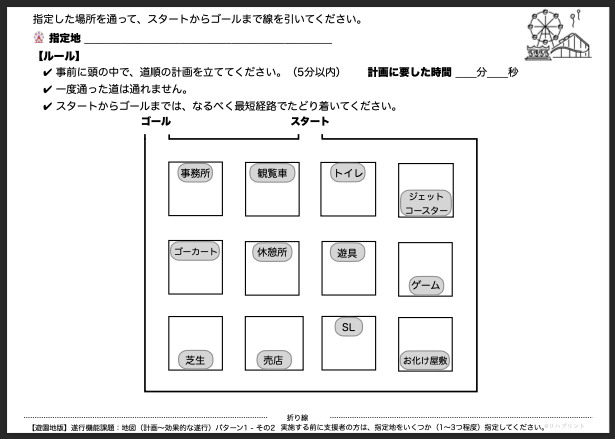 【遊園地版：遂行機能課題（地図 - 計画〜効果的な遂行）】遂行機能障害向けプリント教材 パターン1：難易度 簡単 その2 by リハプリント