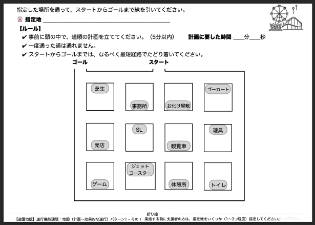 【遊園地版：遂行機能課題（地図 - 計画〜効果的な遂行）】遂行機能障害向けプリント教材 パターン1：難易度 簡単 その1 by リハプリント