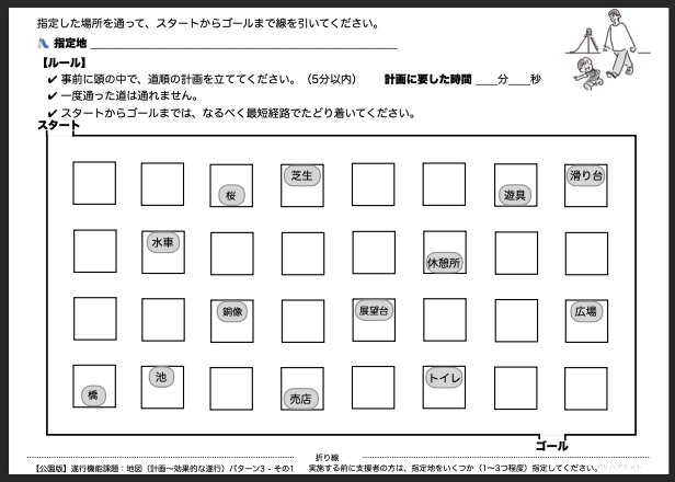 【公園版：遂行機能課題（地図 - 計画〜効果的な遂行）】遂行機能障害向けプリント教材 パターン3：難易度 難しい その1 - リハプリント