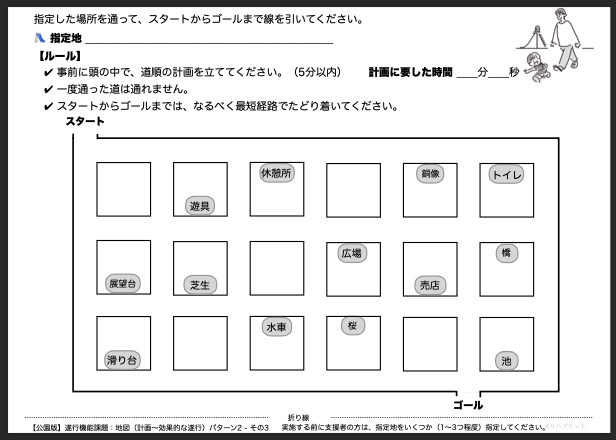 【公園版：遂行機能課題（地図 - 計画〜効果的な遂行）】遂行機能障害向けプリント教材 パターン2：難易度 普通 その3 - リハプリント