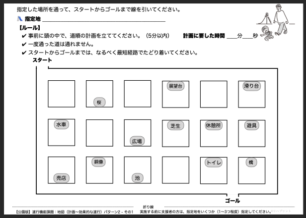 【公園版：遂行機能課題（地図 - 計画〜効果的な遂行）】遂行機能障害向けプリント教材 パターン2：難易度 普通 その1 - リハプリント