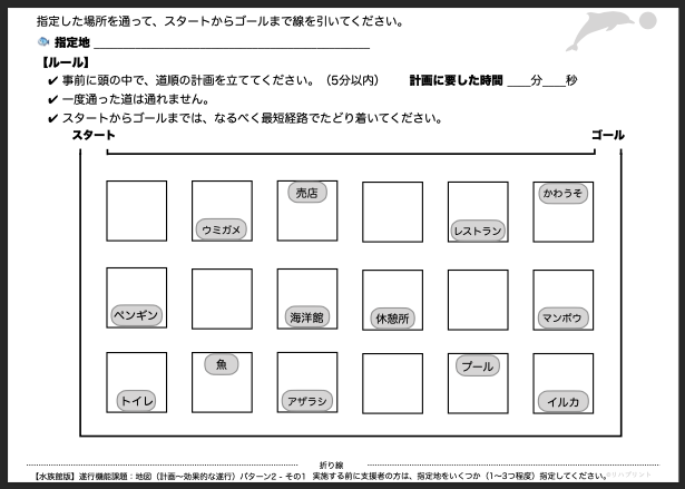 【水族館版：遂行機能課題（地図 - 計画〜効果的な遂行）】遂行機能障害向けプリント教材 パターン2：難易度 普通 その1 - リハプリント