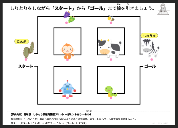 【子供向け】しりとり版迷路課題プリント - 簡単版：ヒント一部あり - その4 リハプリント療育 - 発達支援のための知育学習教材・素材集