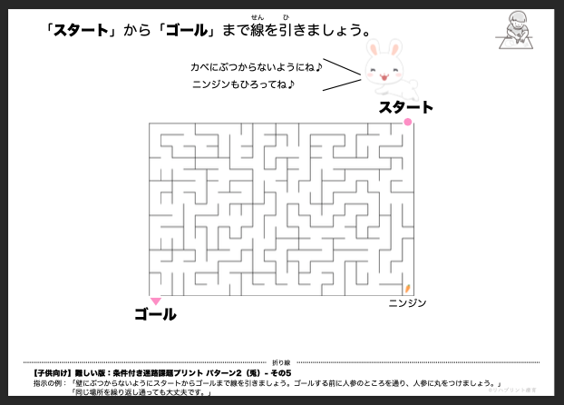 【子供向け】条件付き迷路課題プリント - 難しい版：パターン2（兎）- その5 by リハプリント療育 - 発達支援のための知育学習教材・素材集