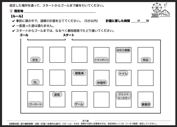 【遊園地版：遂行機能課題（地図 - 計画〜効果的な遂行）】遂行機能障害向けプリント教材 パターン2：難易度 普通 その2 - リハプリント