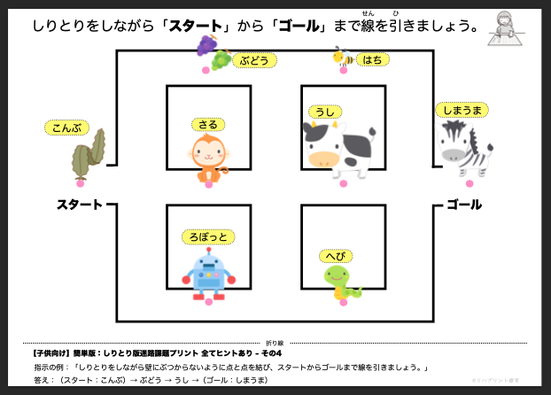 【子供向け】しりとり版迷路課題プリント - 簡単版：全てヒントあり - その4 リハプリント療育 - 発達支援のための知育学習教材・素材集