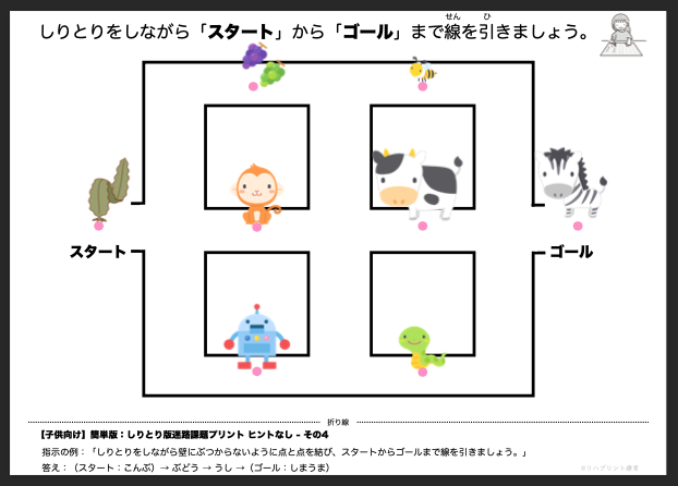 【子供向け】しりとり版迷路課題プリント - 簡単版：ヒントなし- その4 リハプリント療育 - 発達支援のための知育学習教材・素材集