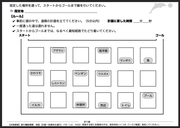 【水族館版：遂行機能課題（地図 - 計画〜効果的な遂行）】遂行機能障害向けプリント教材 パターン2：難易度 普通 その2 - リハプリント