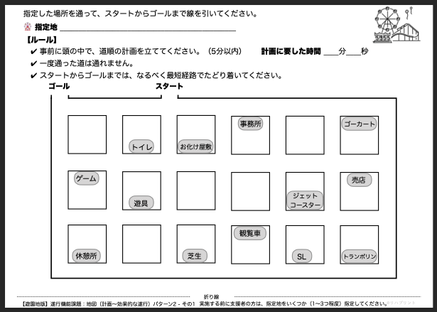 【遊園地版：遂行機能課題（地図 - 計画〜効果的な遂行）】遂行機能障害向けプリント教材 パターン2：難易度 普通 その1 - リハプリント