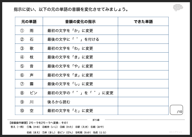 【音韻操作練習】2モーラを2モーラへ変換 - その1（「雨」など）リハプリント