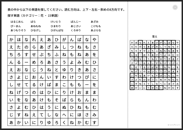 【シークワーズ：表12×12版】自動作成アプリ（カテゴリー：花編）- プリント（PDF）の出力例