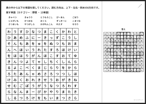【シークワーズ：表12×12版】自動作成アプリ（カテゴリー：野菜編）- プリント（PDF）の出力例