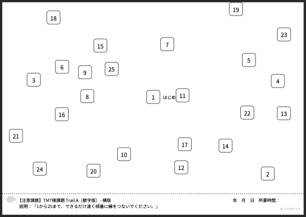 【横版 - 注意課題】Trail A（数字版）自動作成アプリ - プリント（PDF）の出力例