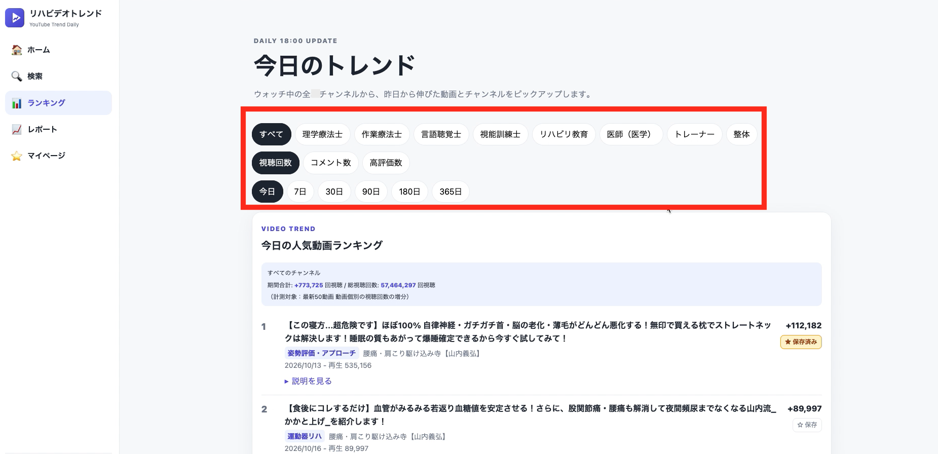 ランキング - 職種・指標・期間を選択可能:リハビリ動画のトレンド・人気ランキング【毎日18時更新】リハビデオトレンド