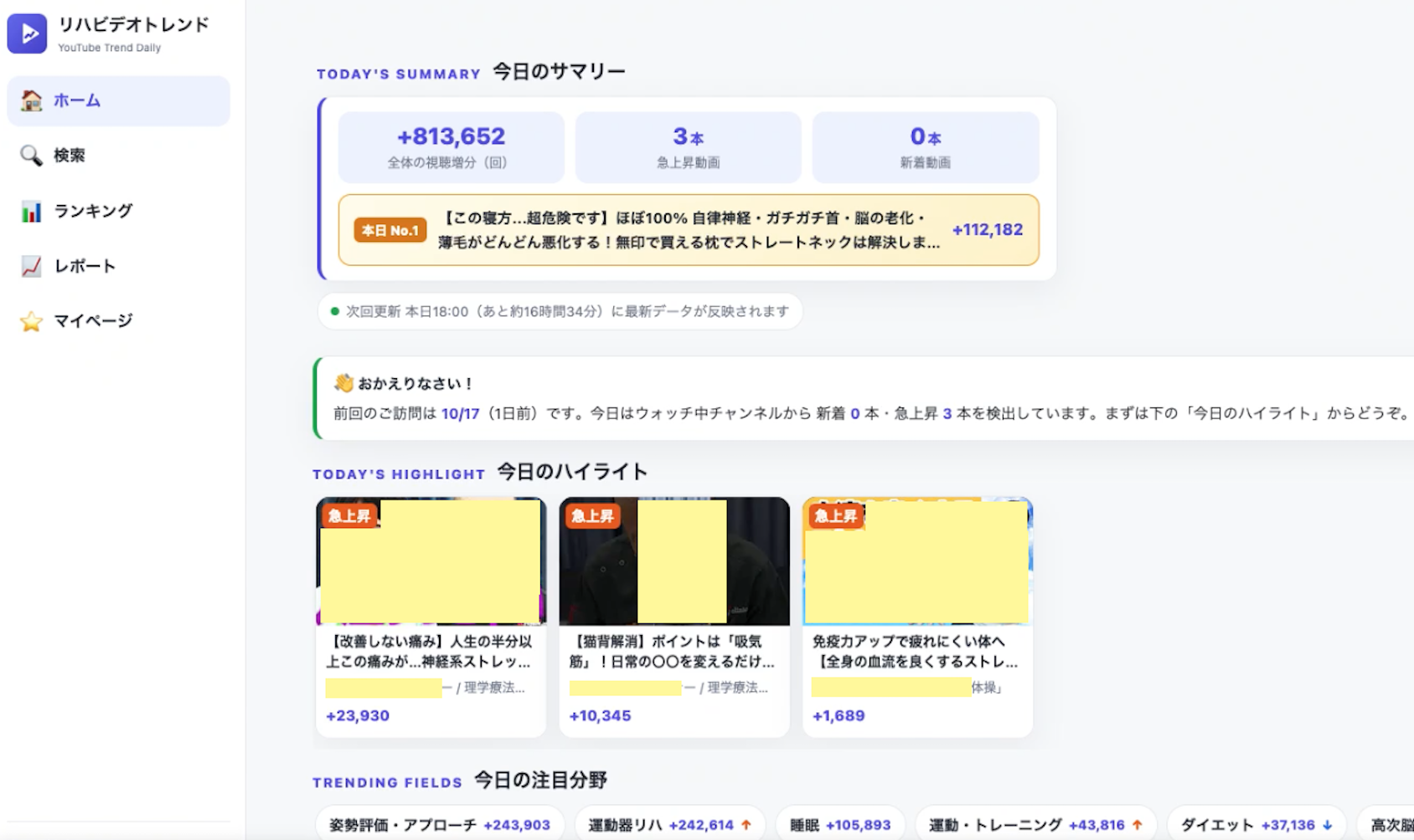 ウェブアプリのホーム画面(今日のサマリー):リハビリ動画のトレンド・人気ランキング【毎日18時更新】リハビデオトレンド